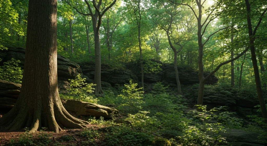 Ancient forest and rocky outcroppings in Inwood Hill Park at the tip of Manhattan