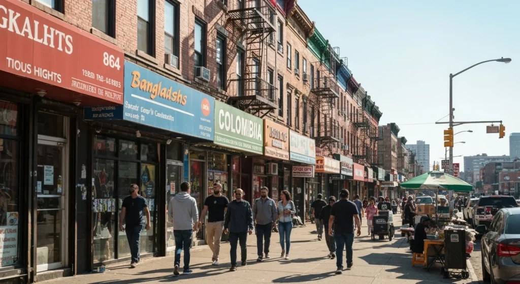 Diverse storefronts and pedestrians on a sunny Jackson Heights Queens street