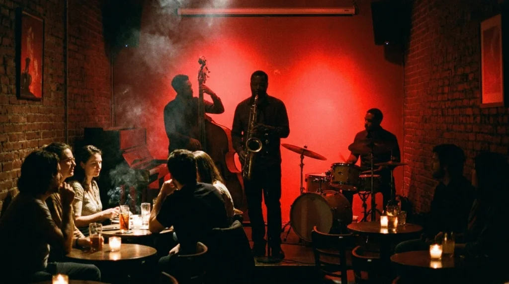 Intimate jazz trio with bass saxophone and drums performing in a small downtown NYC bar