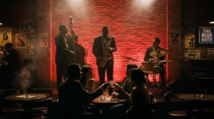 Intimate jazz trio with bass saxophone and drums performing in a small downtown NYC bar