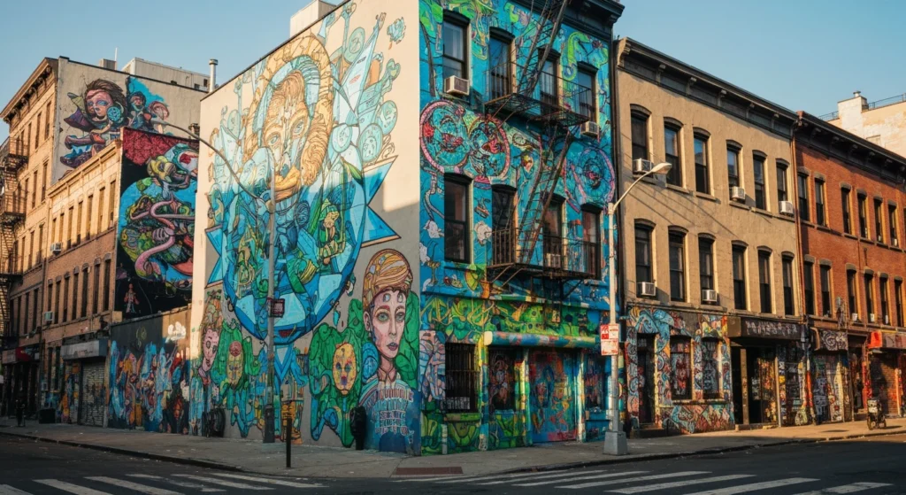 Colorful street art murals on building walls in the Lower East Side Manhattan