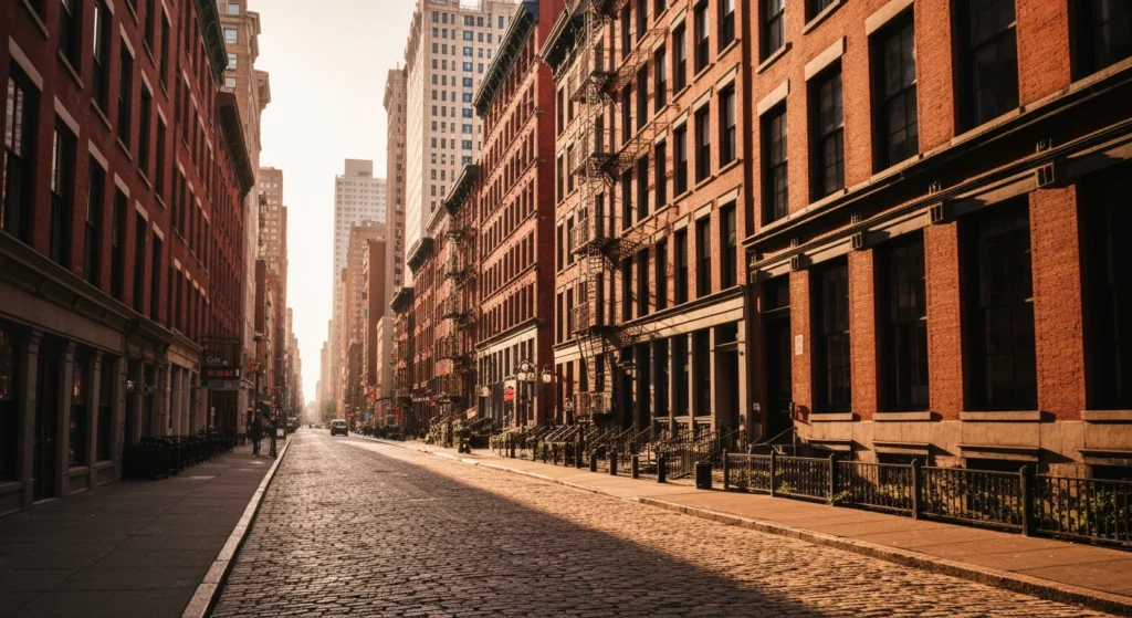 Cobblestone street in Lower Manhattan with historic brick buildings
