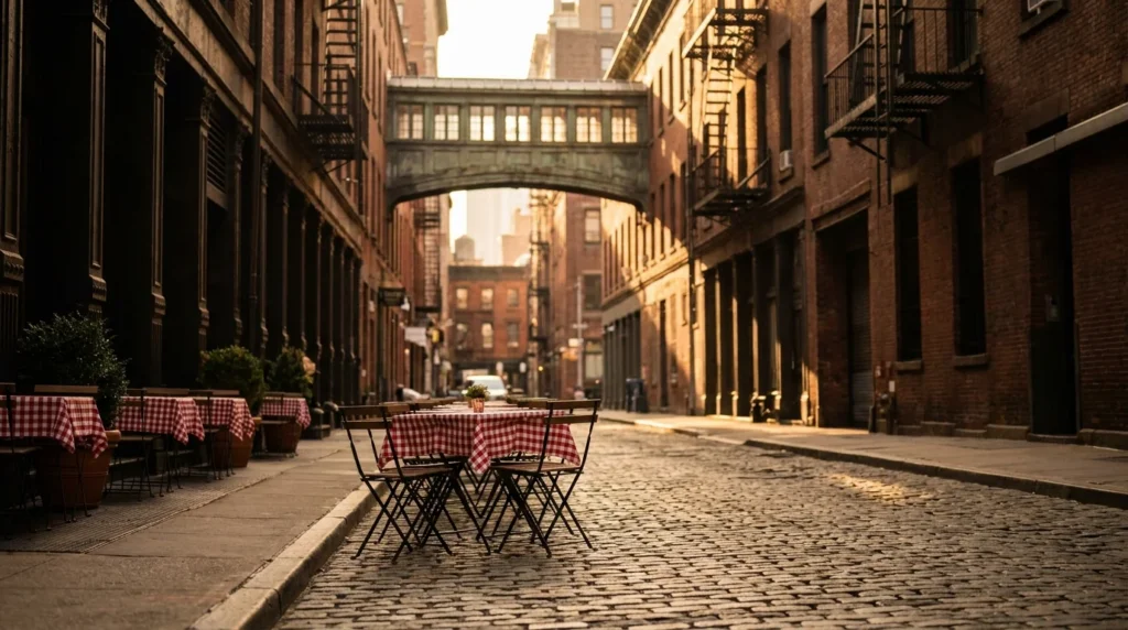 Manhattan Lower Manhattan walking tour - cobblestone alley editorial