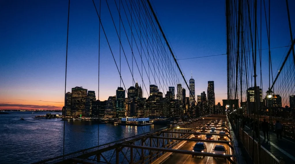 Manhattan skyline bridge dusk city lights water