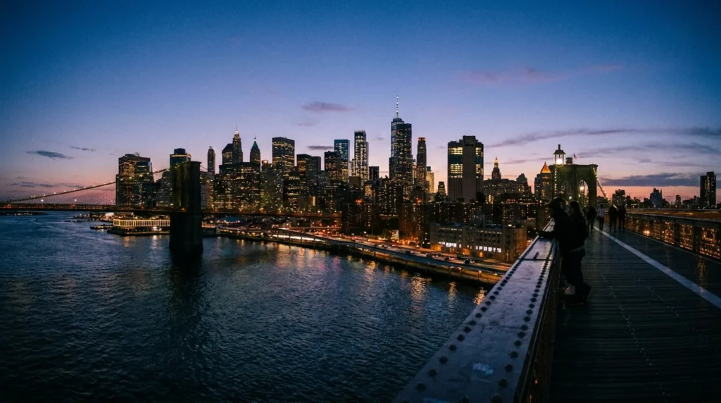NYC skyline sunset bridge panoramic
