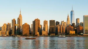 Manhattan skyline at golden hour — New York City aspirational cityscape