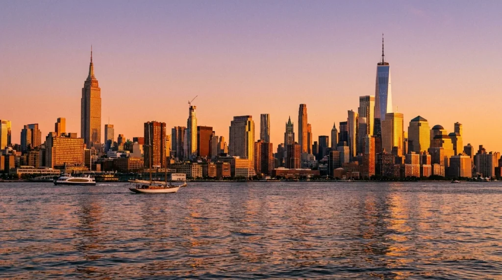 Manhattan skyline at golden hour — New York City aspirational cityscape