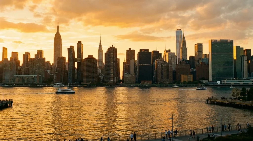 Manhattan skyline at golden hour — New York City aspirational cityscape
