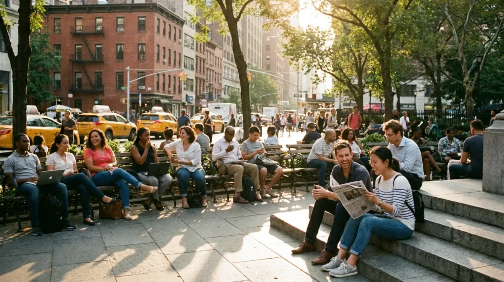 New Yorkers public plaza community afternoon