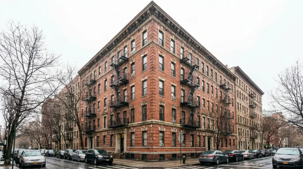 NYC apartment brownstone fire escape tree lined