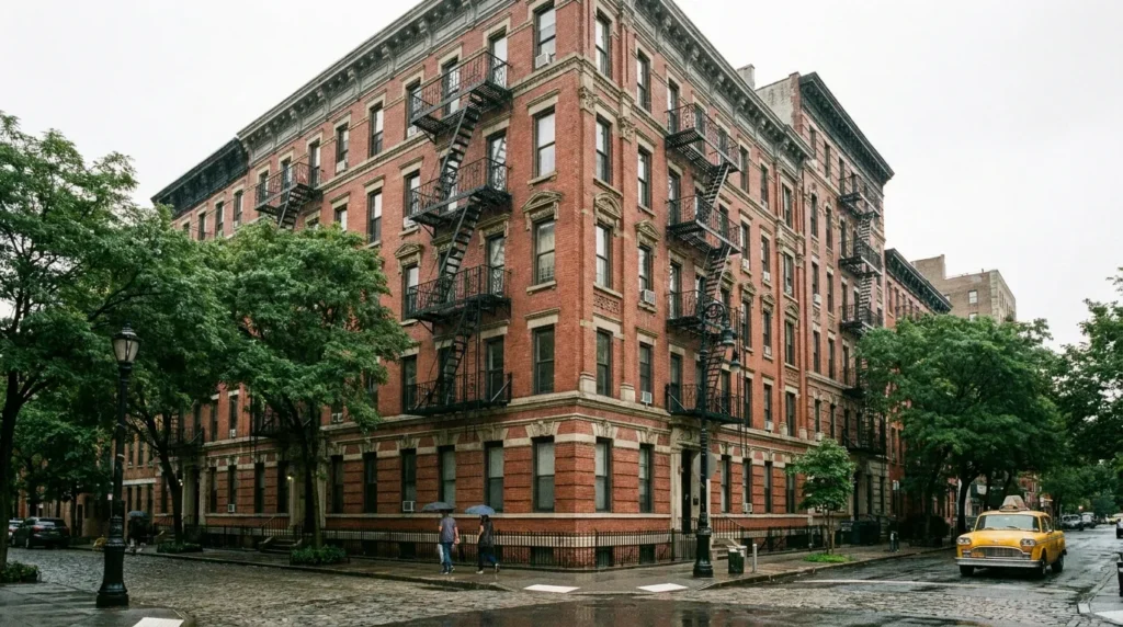 NYC brownstone apartment fire escape brick