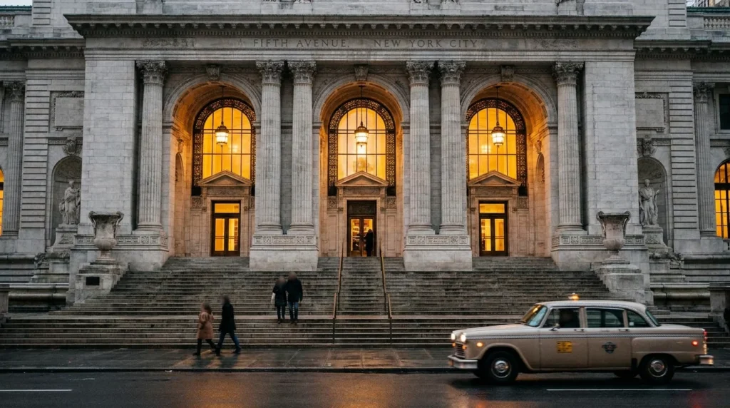 Grand neoclassical building on Fifth Avenue with lit arches and steps; a beige vintage taxi drives by on the street.