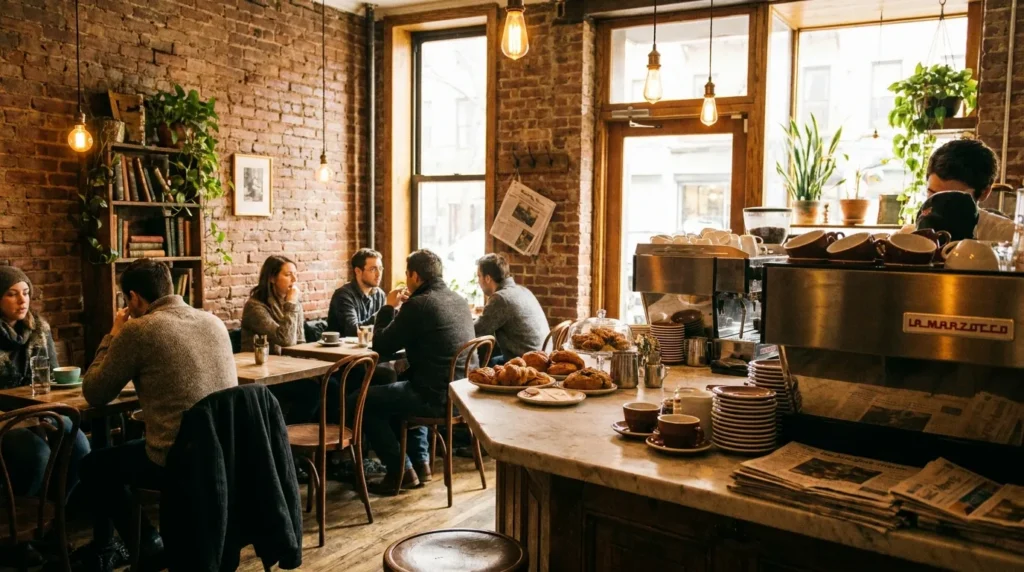 New York City coffee shop warm interior