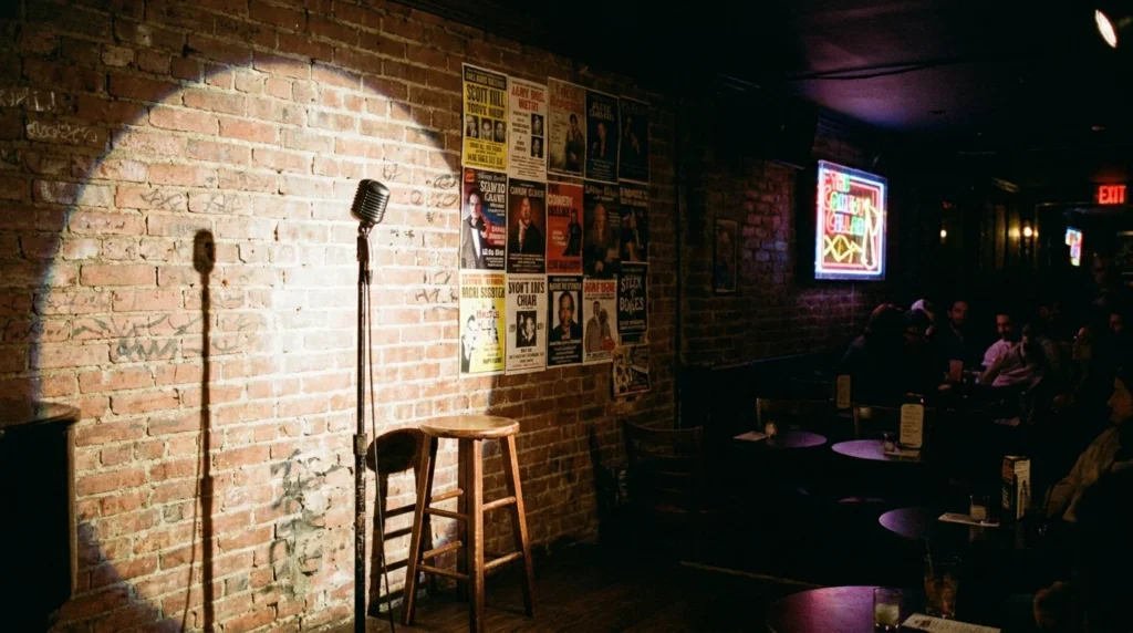 Empty NYC comedy club stage with single microphone exposed brick wall and spotlight