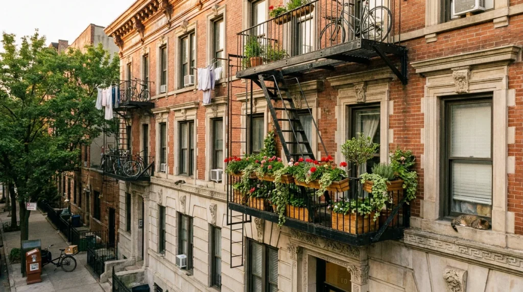 NYC housing and residential apartment editorial — pre-war building facade