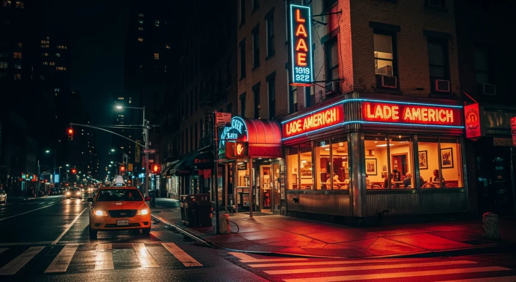 Classic NYC diner with warm glowing windows and neon signs at night, yellow taxi on the street