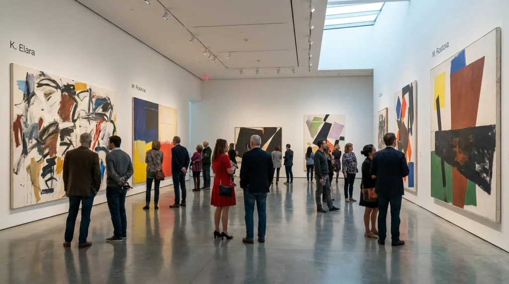 Museum visitors viewing large abstract paintings in a contemporary NYC art gallery