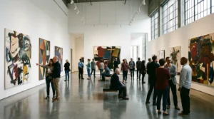 Museum visitors viewing large abstract paintings in a contemporary NYC art gallery