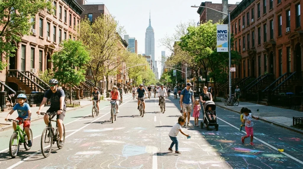 Closed NYC avenue with cyclists families walking on Open Streets car-free day
