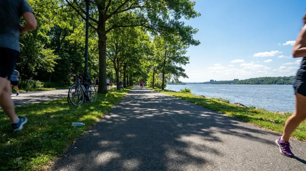 NYC outdoor recreation and parks editorial — riverside park path photography
