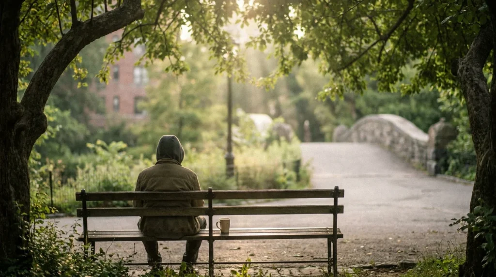 NYC parks and wellness outdoor editorial — morning light in a city park