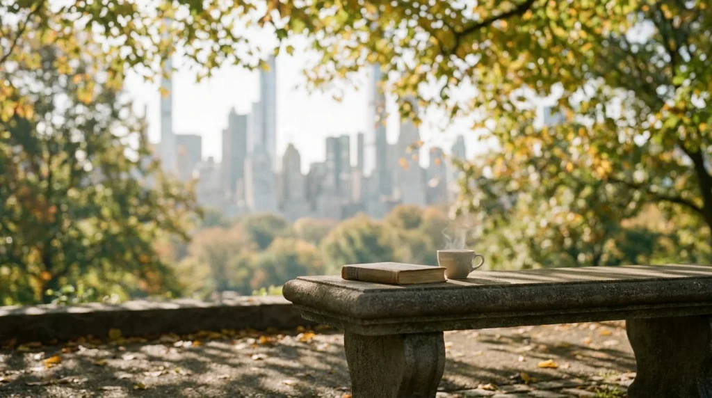 NYC parks and wellness outdoor editorial — morning light in a city park