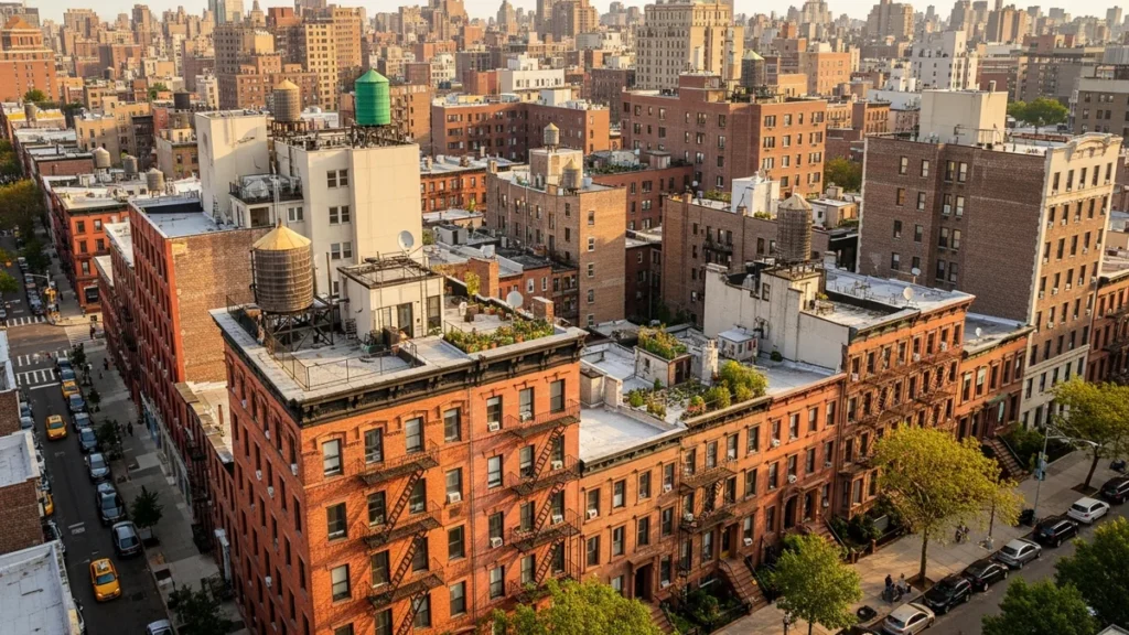 Aerial view of New York City residential neighborhood with apartment buildings and brownstones representing the NYC rent market in 2026