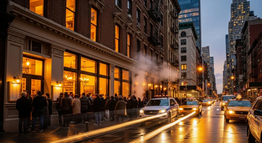 New restaurant opening on a New York City street at dusk with glowing windows and people gathered outside