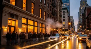 New restaurant opening on a New York City street at dusk with glowing windows and people gathered outside