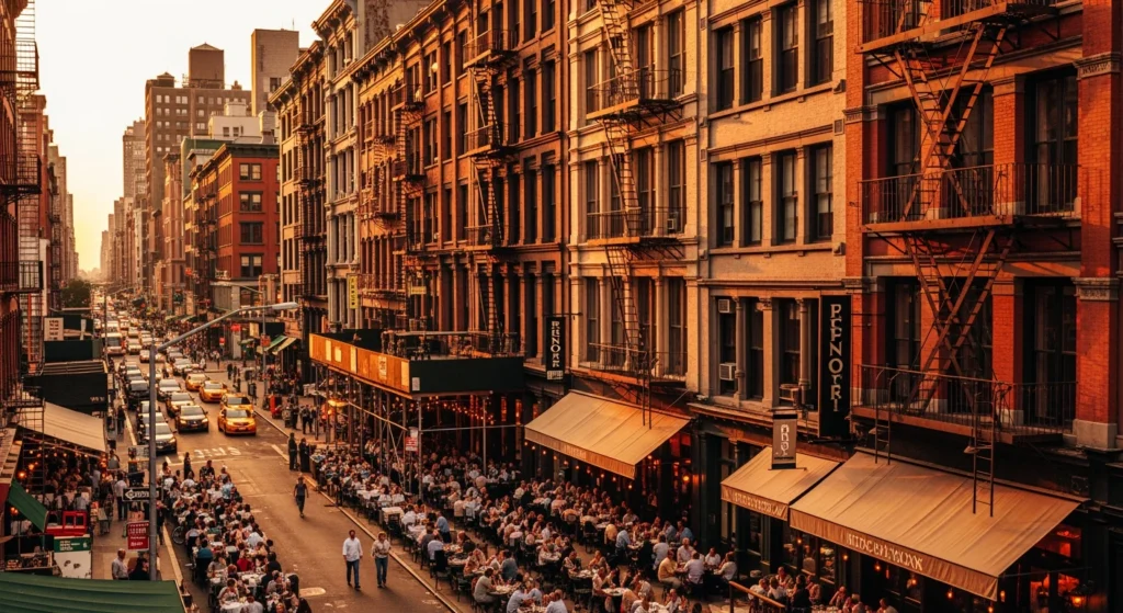 Aerial view of vibrant NYC restaurant street at golden hour with outdoor diners, SoHo cast iron buildings, warm evening light