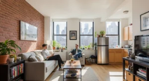 Modern New York City shared apartment living room with young professionals in a bright sunlit space with exposed brick walls and NYC skyline view
