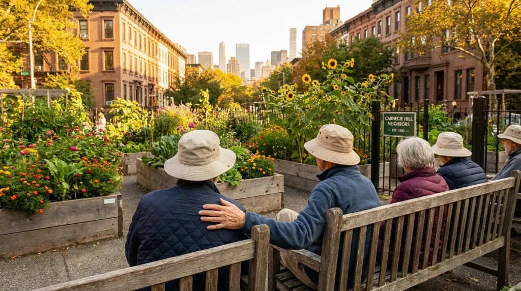 NYC senior community life editorial — community garden and park photography