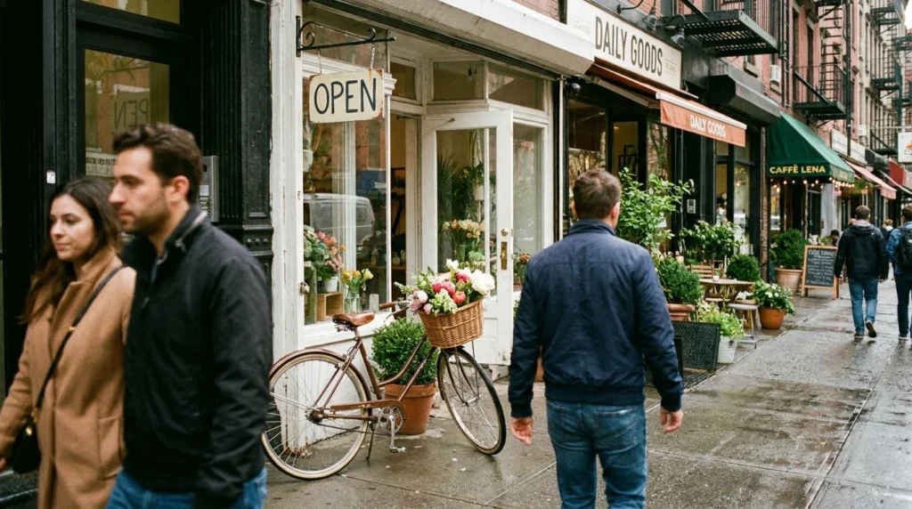 A rainy city sidewalk with a flower shop, bicycle with a wicker basket of flowers parked by the storefront, and pedestrians walking past.