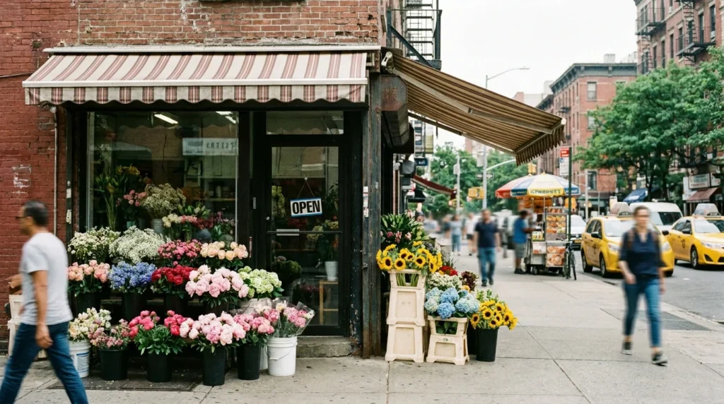 NYC small business storefront editorial — neighborhood commercial street