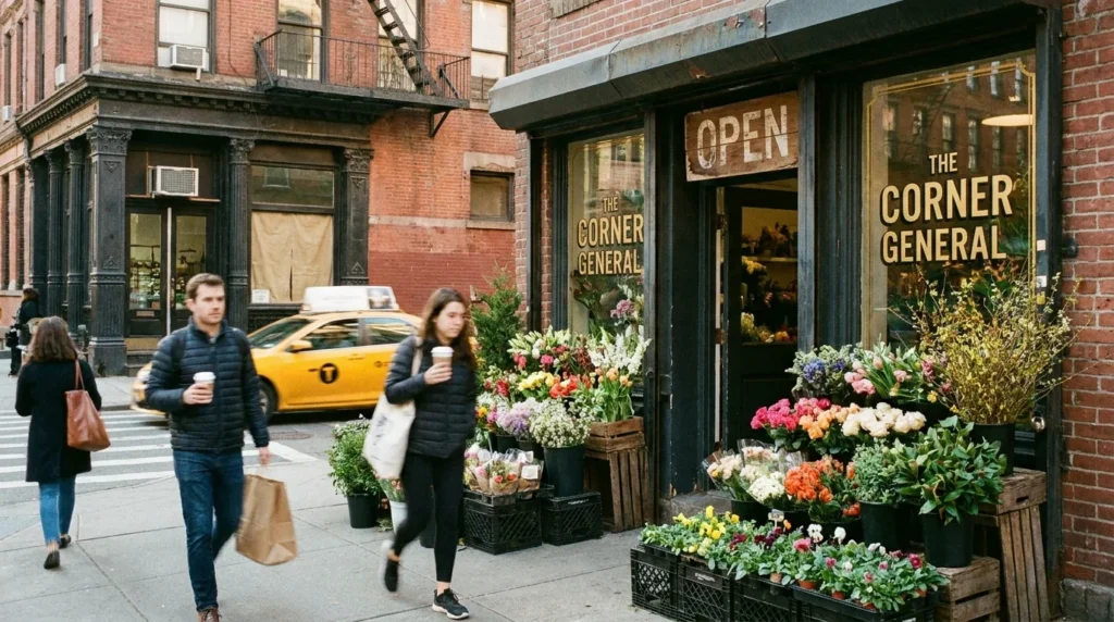 NYC small business storefront editorial — neighborhood commercial street