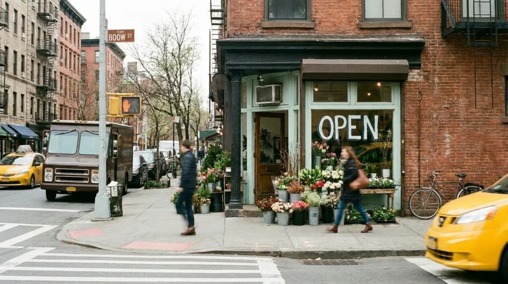 NYC small business storefront editorial — neighborhood commercial street