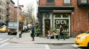 NYC small business storefront editorial — neighborhood commercial street