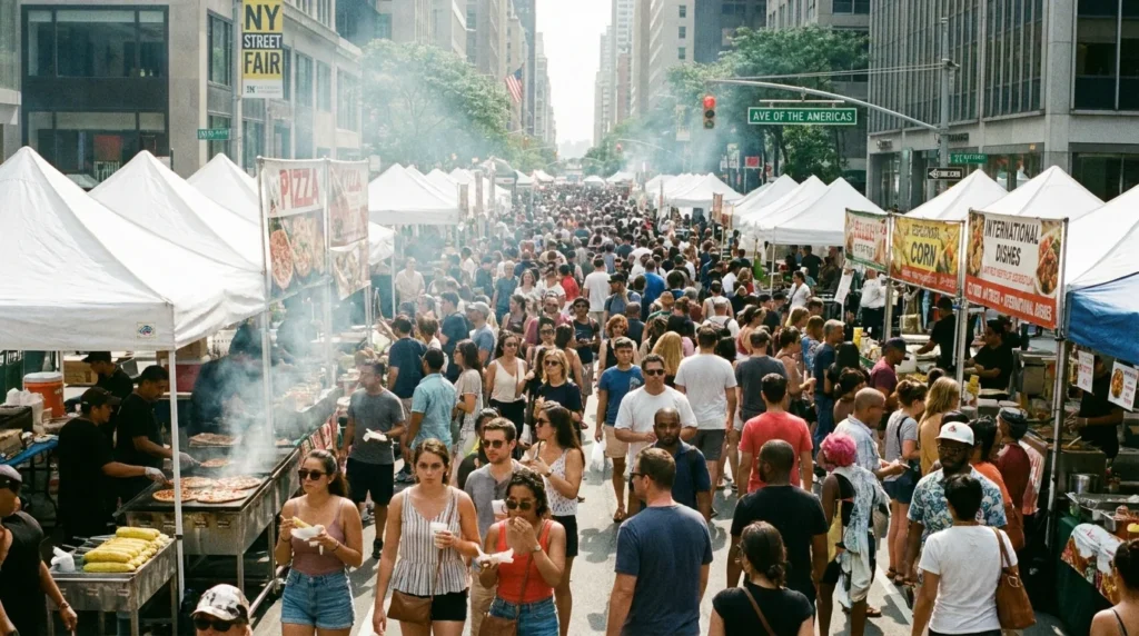 Closed NYC avenue lined with white pop-up tents food vendors and a summer crowd