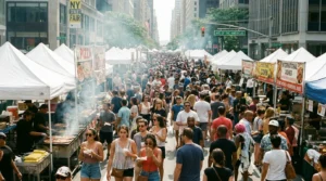 Closed NYC avenue lined with white pop-up tents food vendors and a summer crowd