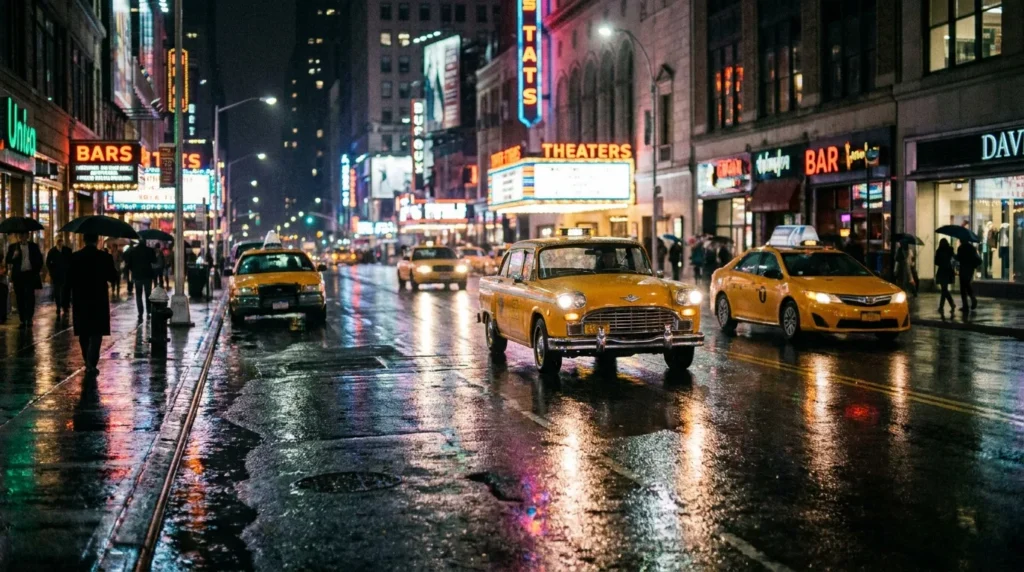 NYC street night neon wet pavement yellow taxi