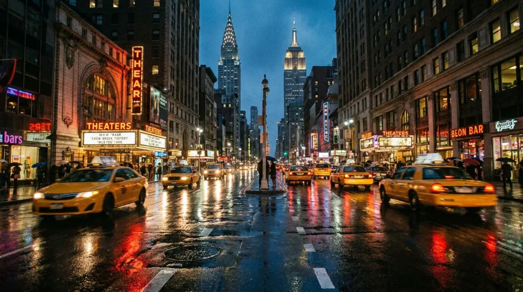 NYC evening street lights taxis city glow
