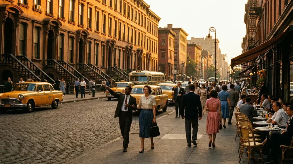 New York City sidewalk golden hour neighborhood