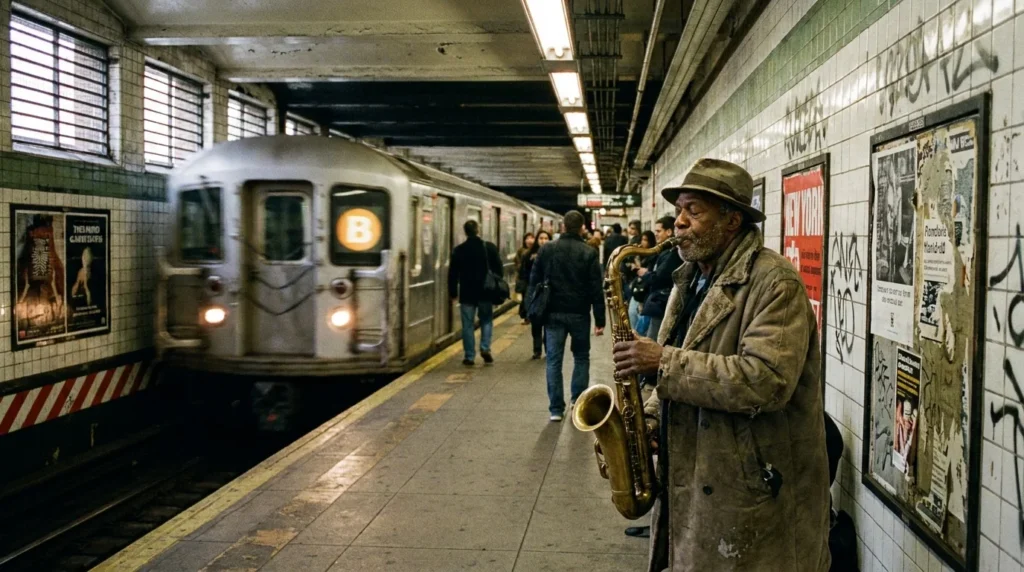 Saxophonist performing on an NYC subway platform with a train pulling in