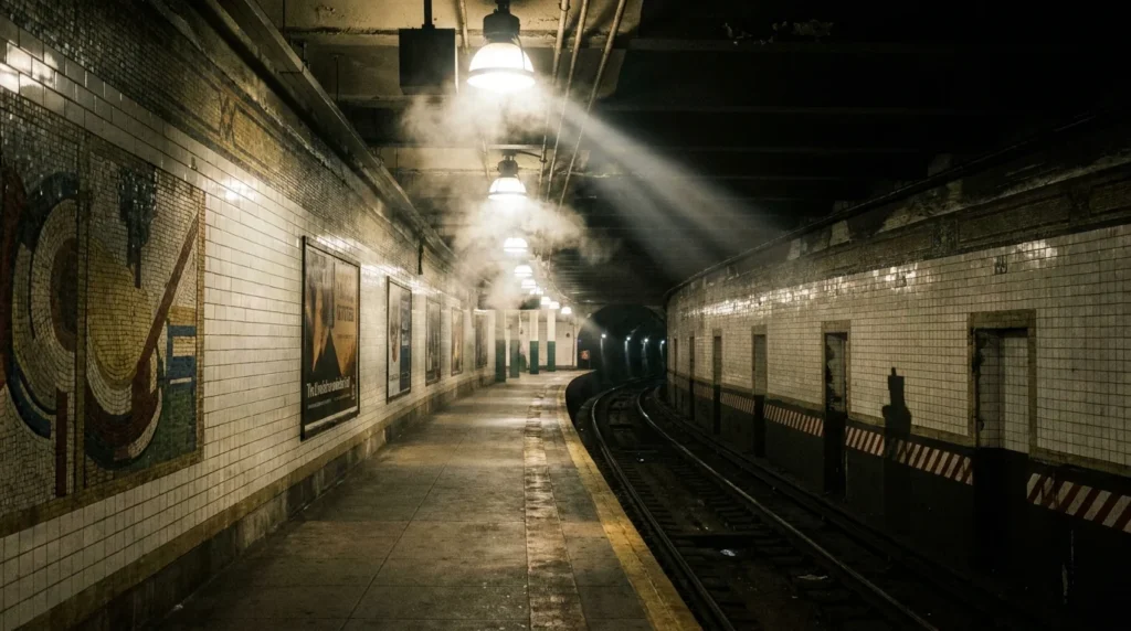 New York City subway station editorial — NYC transit and underground cityscape