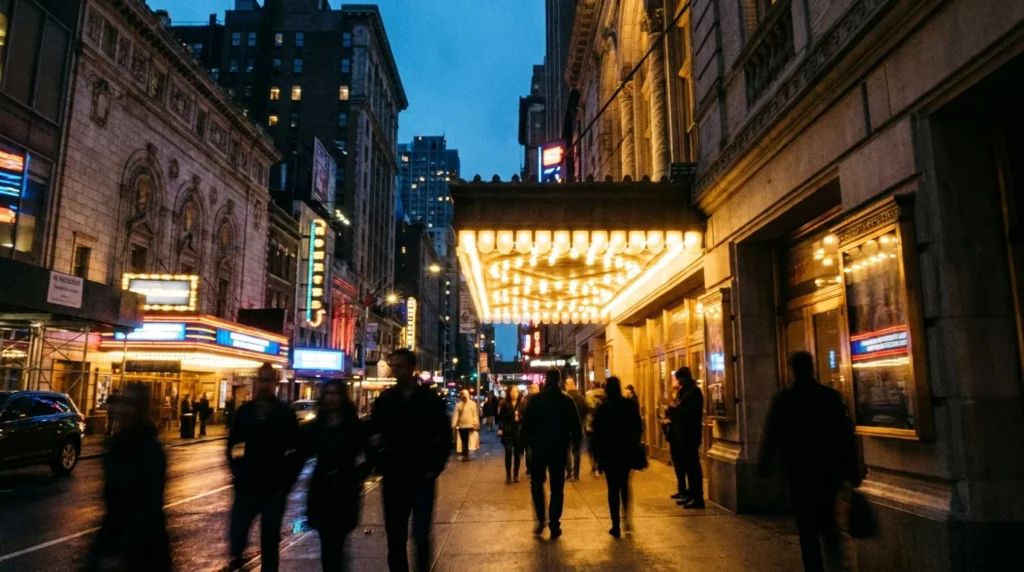 NYC theater and arts nightlife editorial — Broadway theater district photography