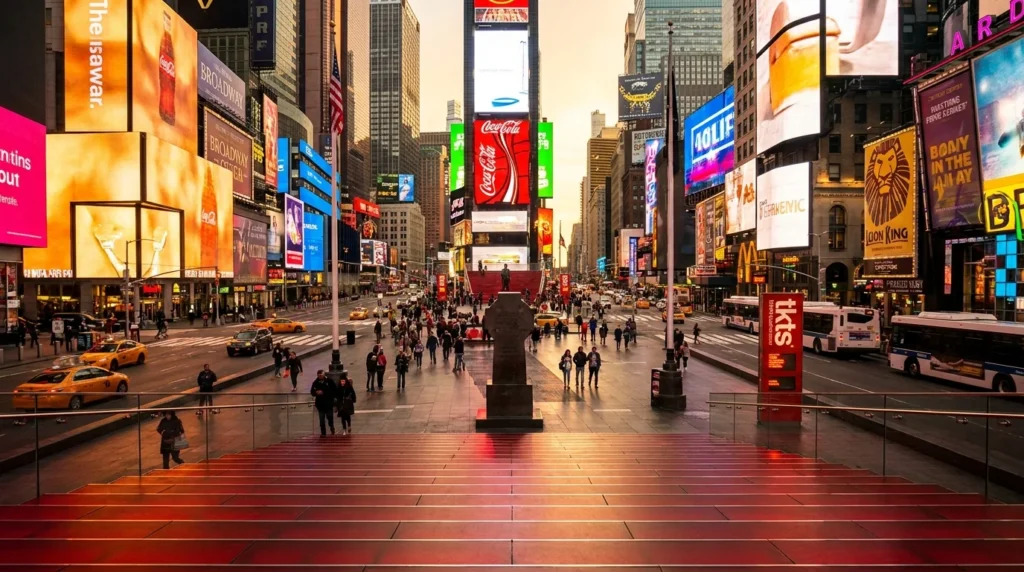 Times Square in Manhattan at golden hour with TKTS red steps and glowing billboards