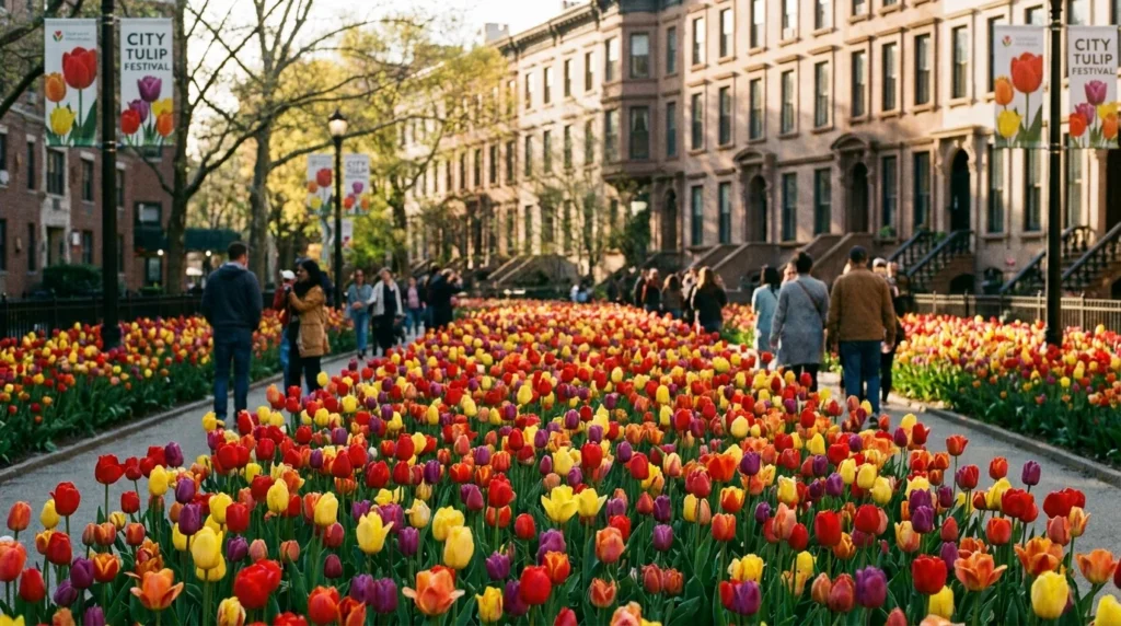 Densely packed multicolor tulips in an NYC community garden with brownstones in background