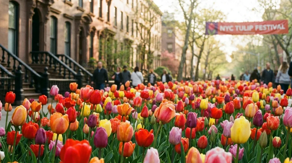 Densely packed multicolor tulips in an NYC community garden with brownstones in background