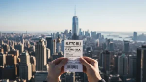 Person reviewing NYC utility bill with city skyline background — guide to ConEd EAP HEAP and energy savings programs for New Yorkers