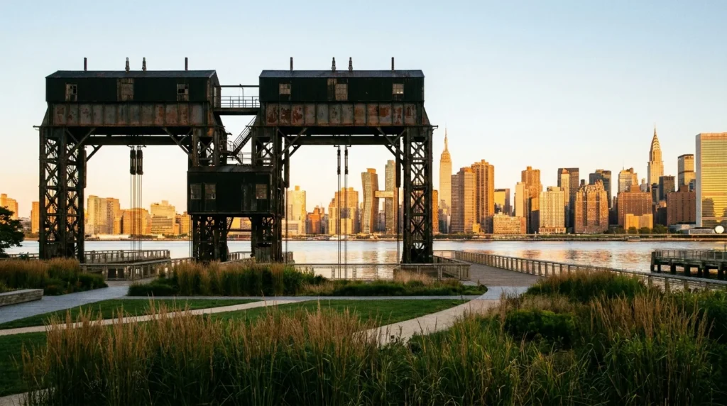 Queens LIC waterfront walking route - gantry park skyline editorial